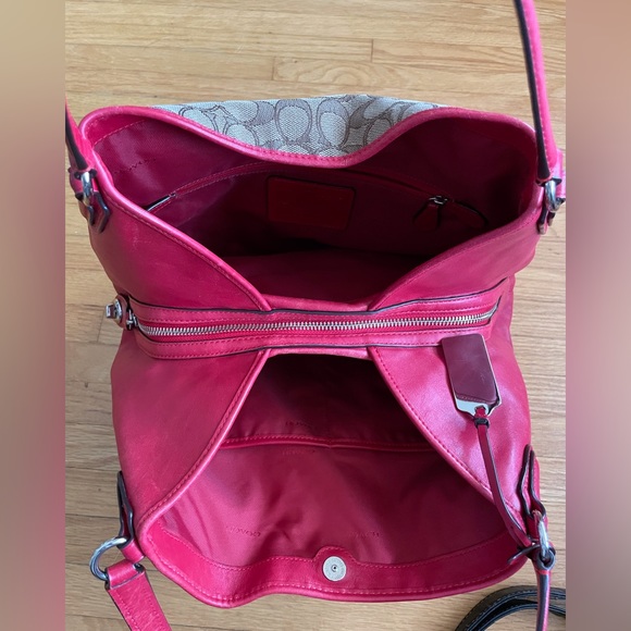 Coach Shoulder Bag.  Canvas & Red Leather. - Picture 5 of 12